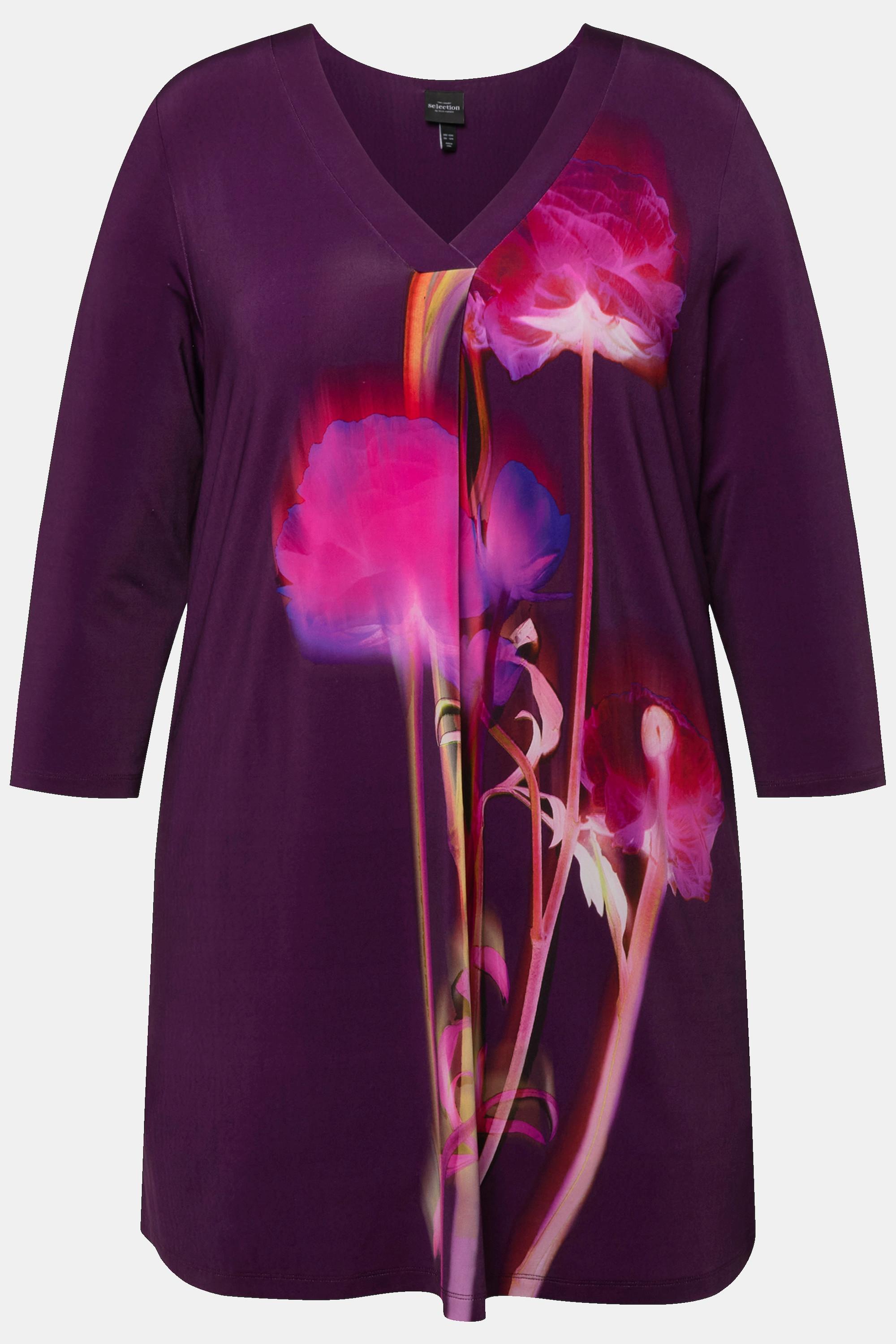 Ulla Popken T-shirt Slinky Floral Coupe Évasée Encolure en V Manches 3/4  