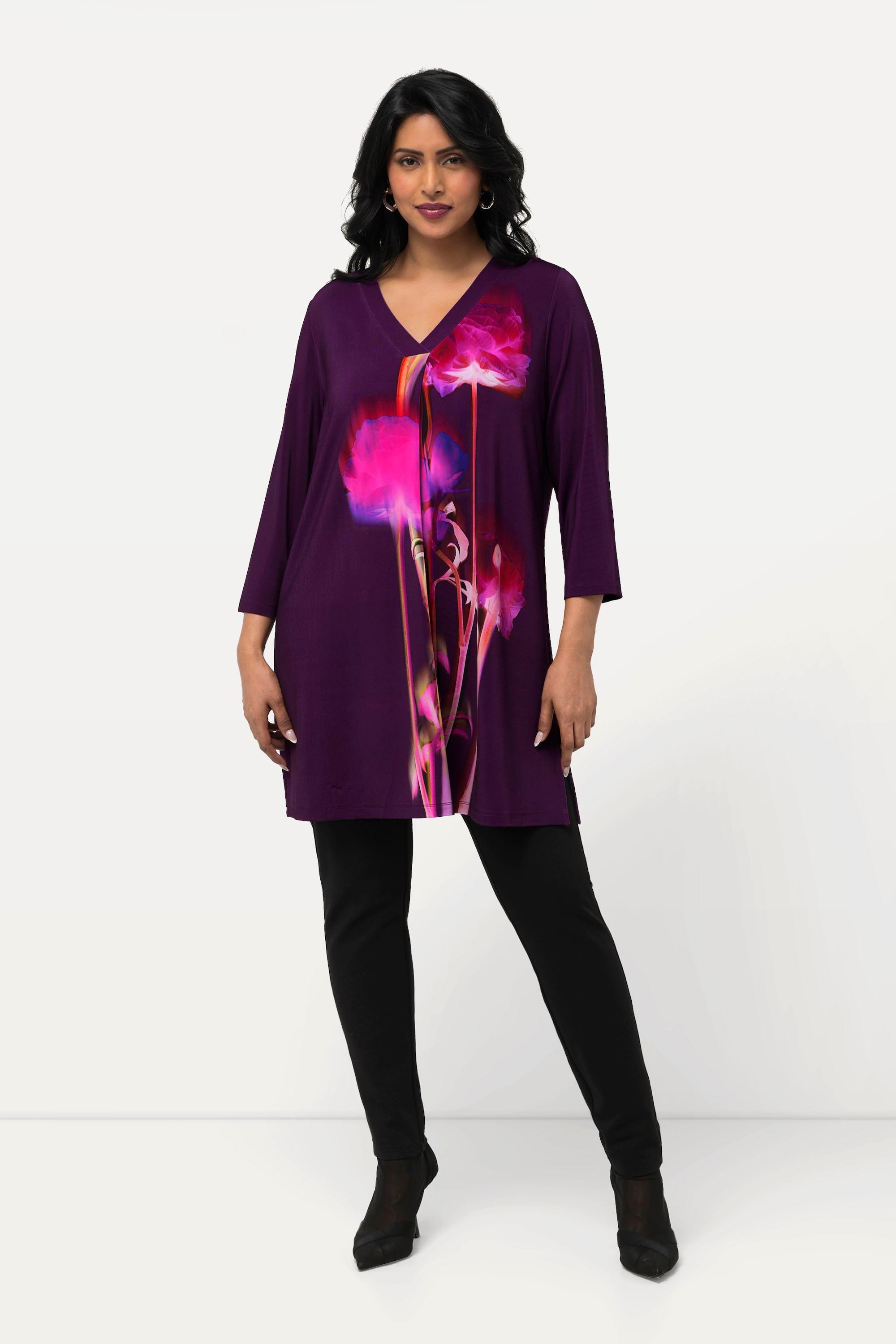 Ulla Popken Maglia Slinky Floreale Taglio Svasato Scollo a V Maniche 3/4  