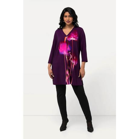 Ulla Popken Maglia Slinky Floreale Taglio Svasato Scollo a V Maniche 3/4  