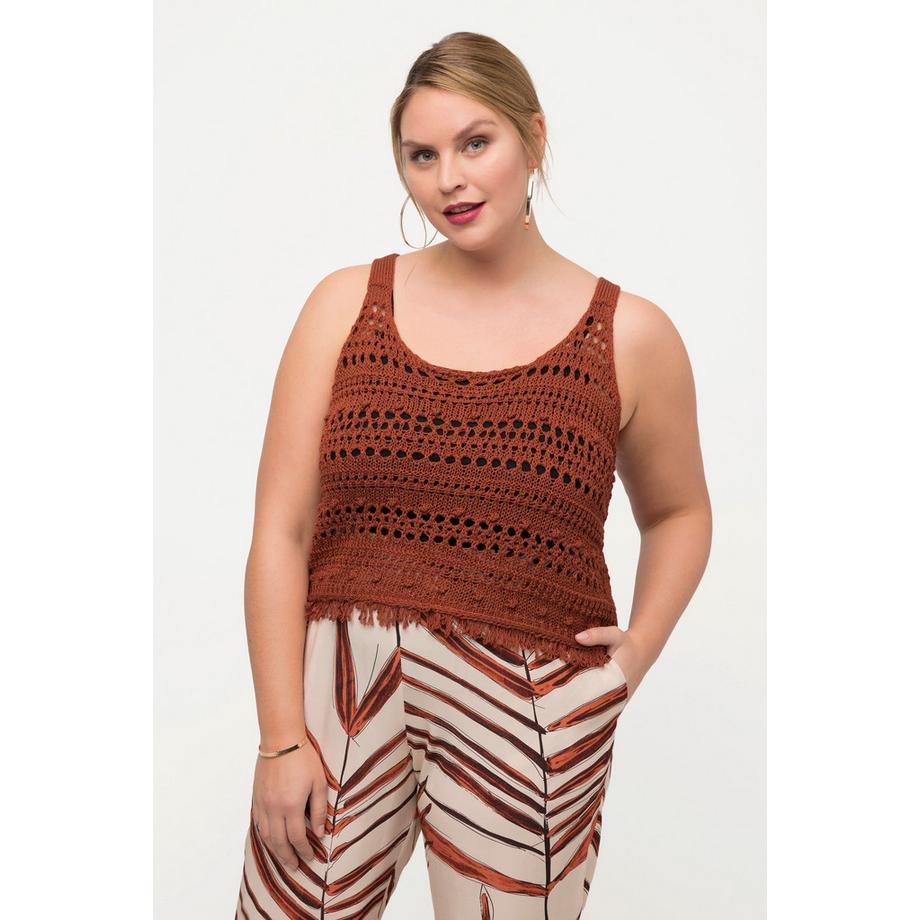 Ulla Popken Haut sans manches en maille col rond à franges  