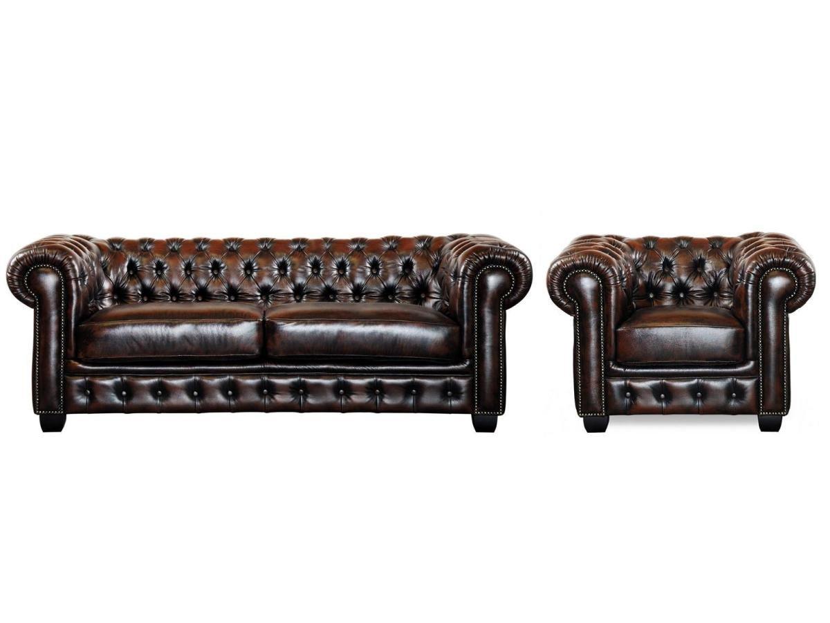 LINEA SOFA Divano Chesterfield a 3+cuoio di bufalo e con riflessi castani BRENTON  