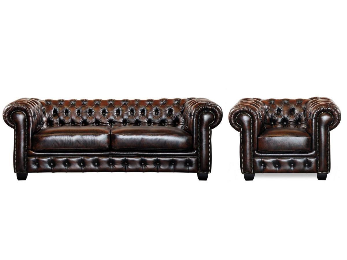 LINEA SOFA Canapé chesterfield 3+cuir de buffle reflets châtains  