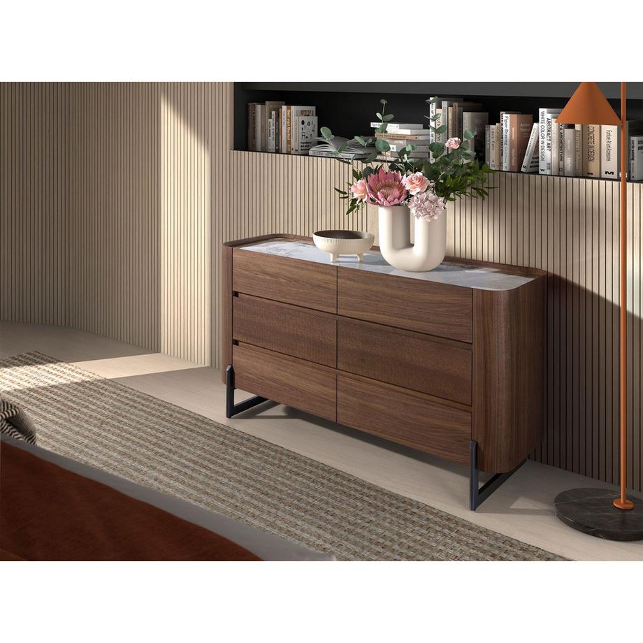 ANGEL CERDA Cassettiera in noce e acciaio scuro metallizzato con piano in marmo porcellanato  