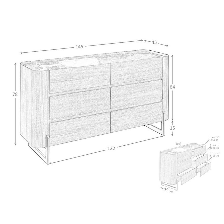 ANGEL CERDA Cassettiera in noce e acciaio scuro metallizzato con piano in marmo porcellanato  