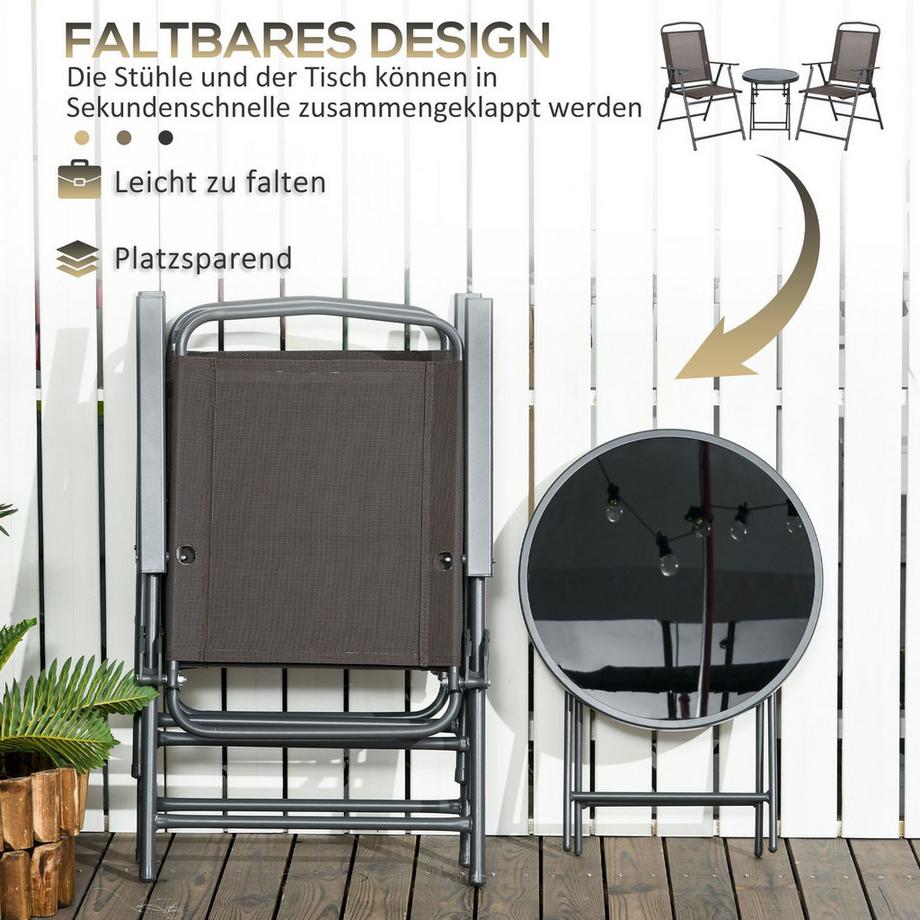Northio  Bistro-Set 3-teilig aus Metall Wetterfest Gartenmöbel Set mit klappbar Glastisch Gartenstühlen Outdoor Balkonmöbel Set Sitzgruppe Balkonset Gartengarnitur Braun Aosom 