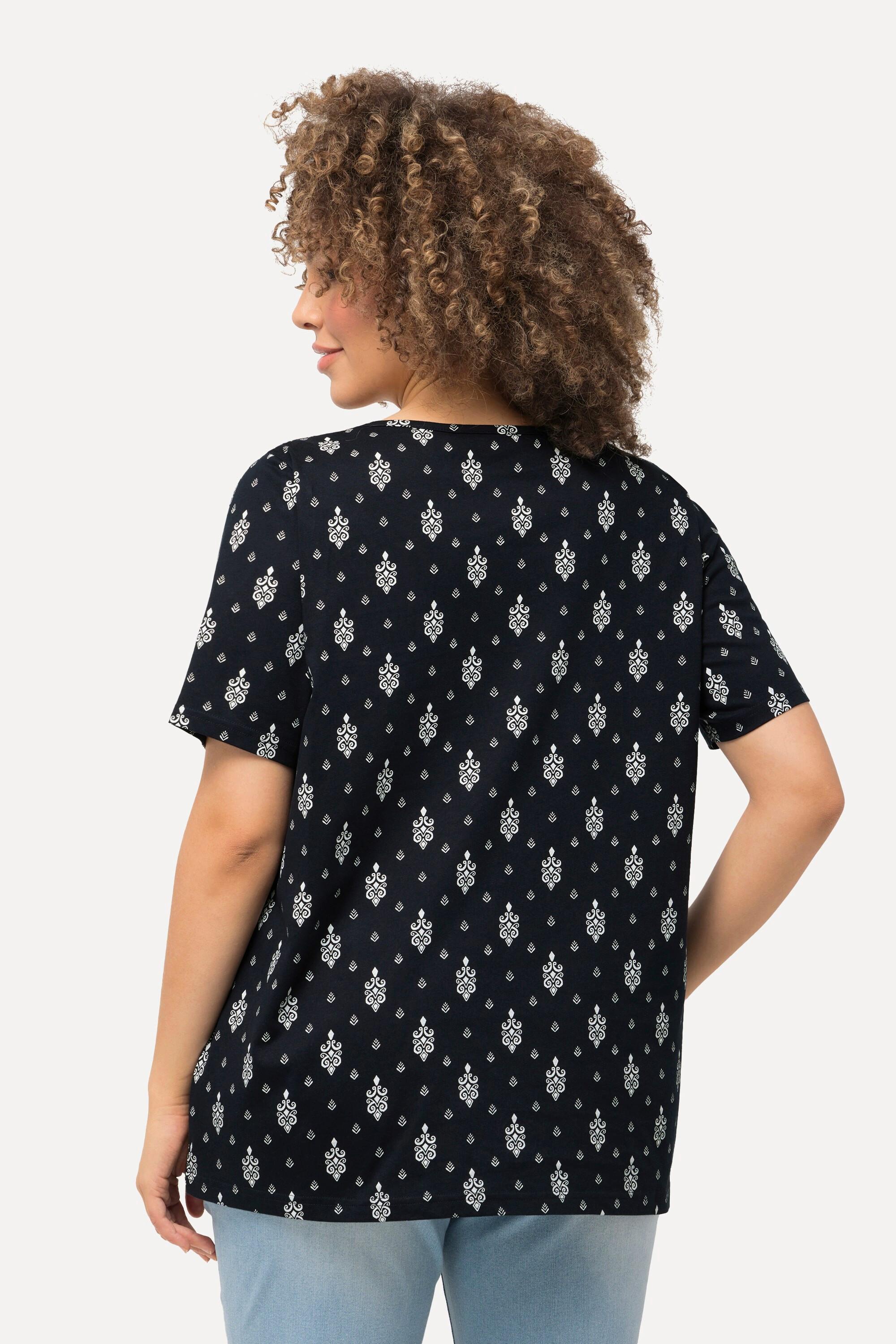 Ulla Popken  T-shirt avec plis fantaisie, silhouette en A évasée, col  en V et manches courtes 