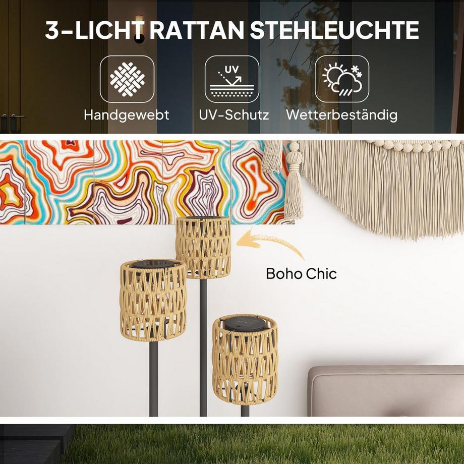 Northio Solar Stehlampe Rattan Solarlampen mit Lichtsensor 3 Lichte Regal Solarleuchte im Boho-Stil IP44 Wasserdichte Solarlampe Outdoor Lampe Solarlaterne für Garten Balkon Außen Rasen Ø37 x 144H cm Aosom  