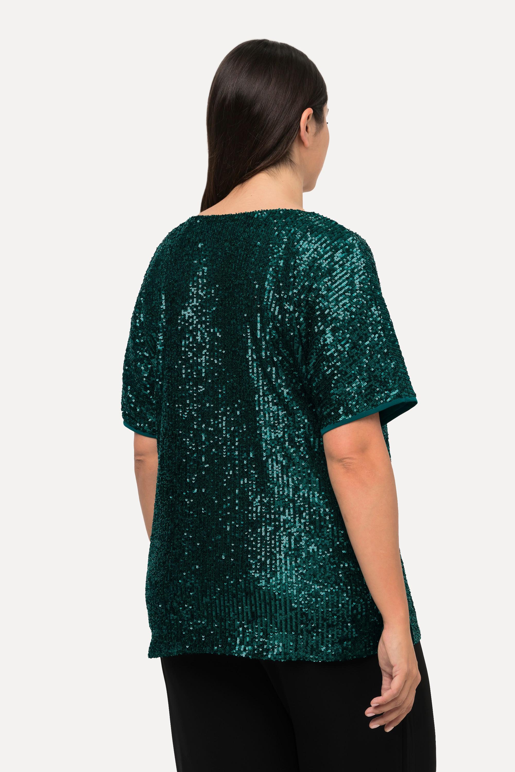 Ulla Popken  Maglia dal taglio oversize con paillettes, scollo a V e mezze maniche 