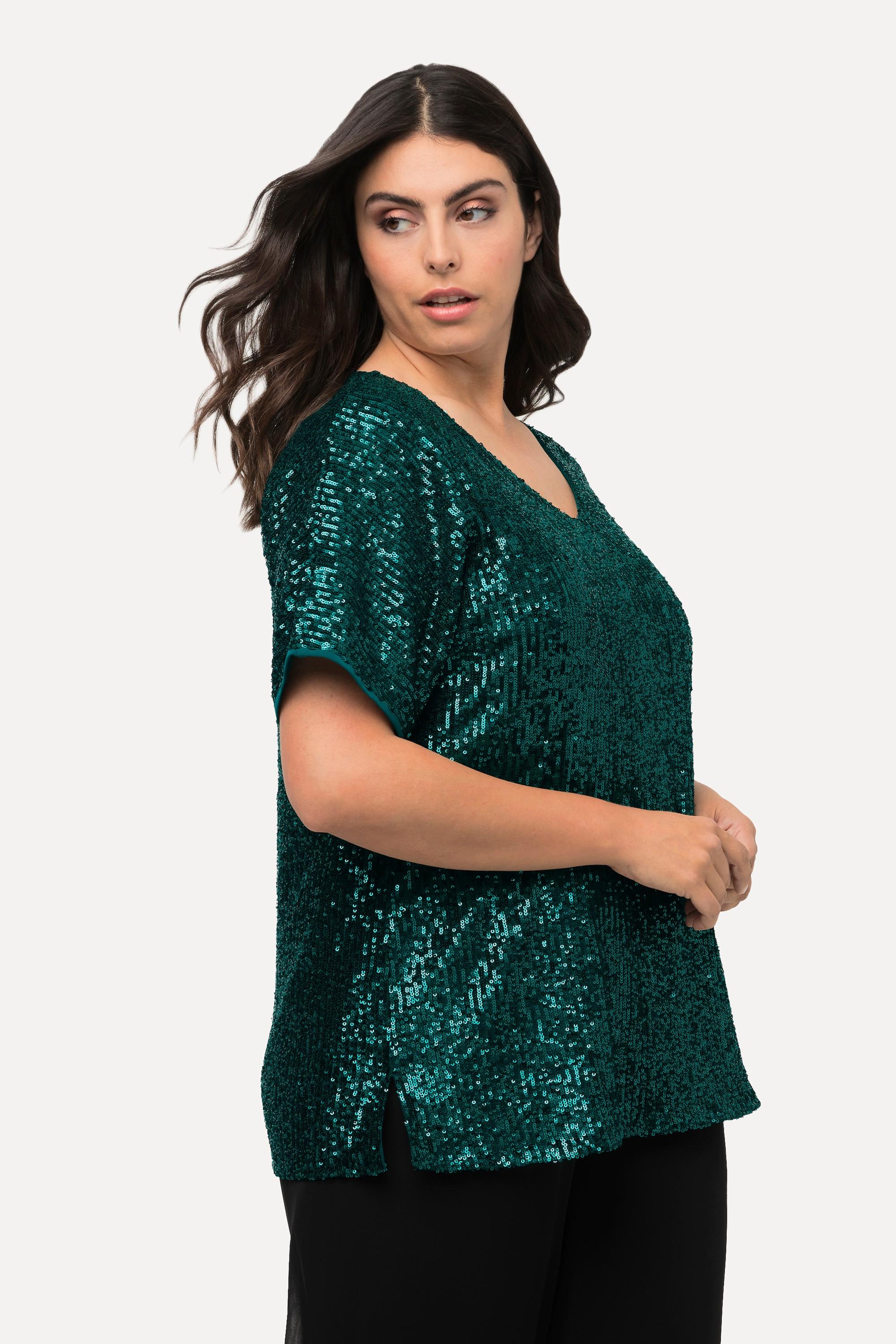 Ulla Popken  Maglia dal taglio oversize con paillettes, scollo a V e mezze maniche 