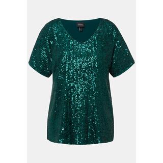 Ulla Popken  Maglia dal taglio oversize con paillettes, scollo a V e mezze maniche 