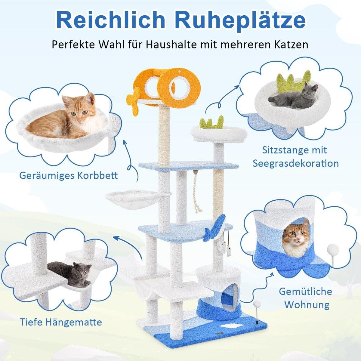 Northix  Kratzbaum im Meeresmotiv mehrstöckiger Katzenturm mit Sisal überzogenen Pfosten 