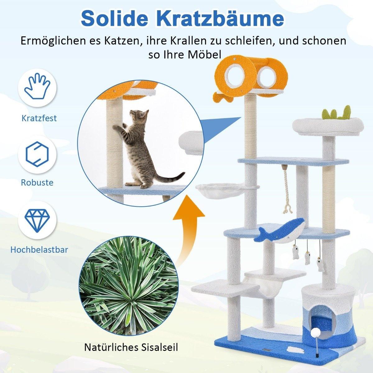 Northix  Kratzbaum im Meeresmotiv mehrstöckiger Katzenturm mit Sisal überzogenen Pfosten 