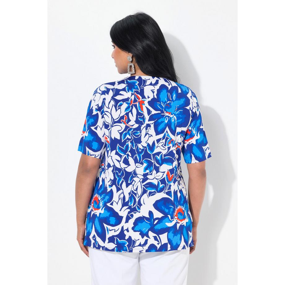 Ulla Popken T-shirt Tombé Fluide Imprimé Fleurs Décolleté V Manches Courtes  