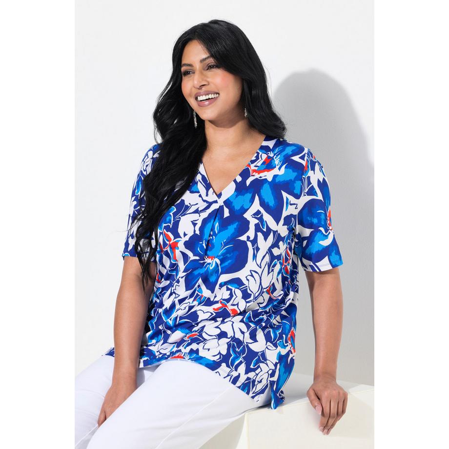 Ulla Popken T-shirt Tombé Fluide Imprimé Fleurs Décolleté V Manches Courtes  