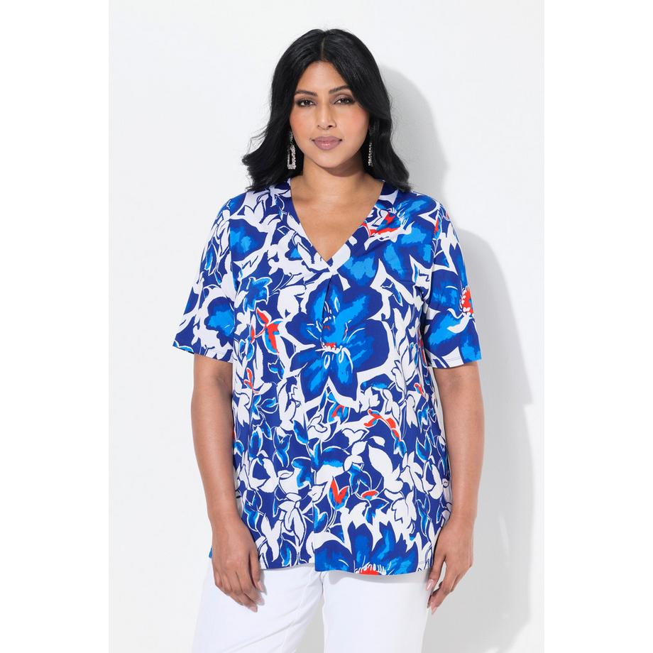 Ulla Popken T-shirt Tombé Fluide Imprimé Fleurs Décolleté V Manches Courtes  