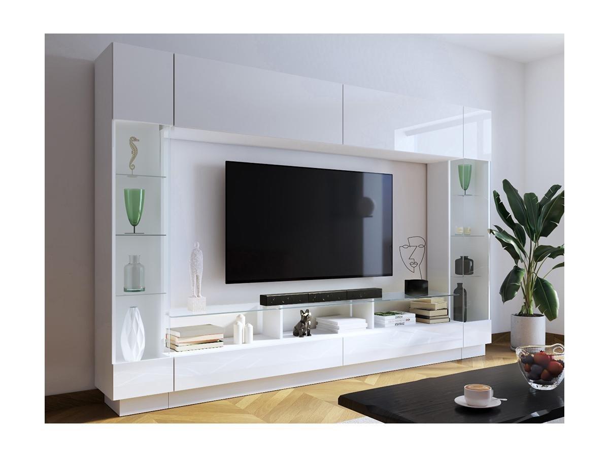 Vente-unique Mur TV avec rangements et LEDs en verre trempé - Blanc laqué - BRIANO  