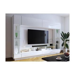 Vente-unique Mur TV avec rangements et LEDs en verre trempé - Blanc laqué - BRIANO  