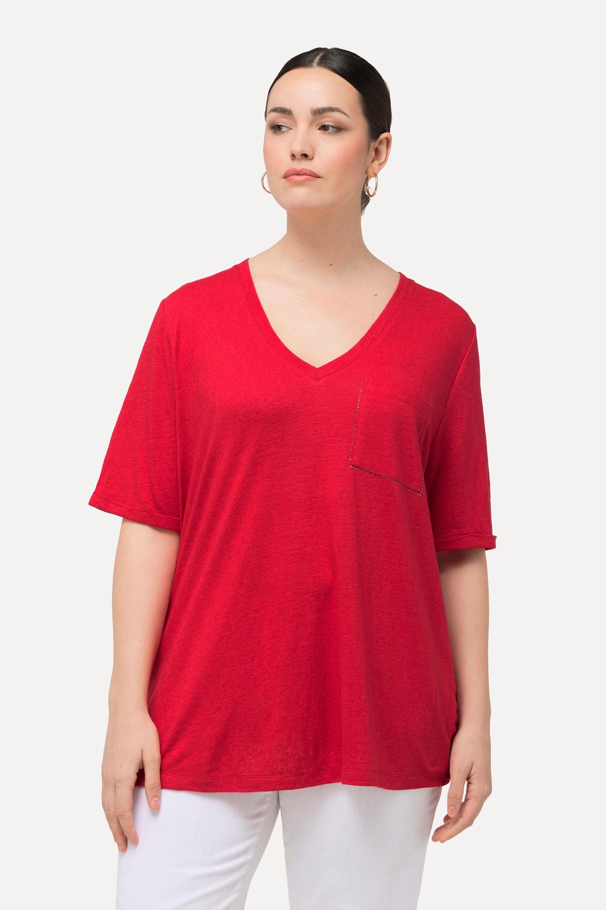 Ulla Popken  T-shirt con texture, taschino, scollo a V e mezze maniche 