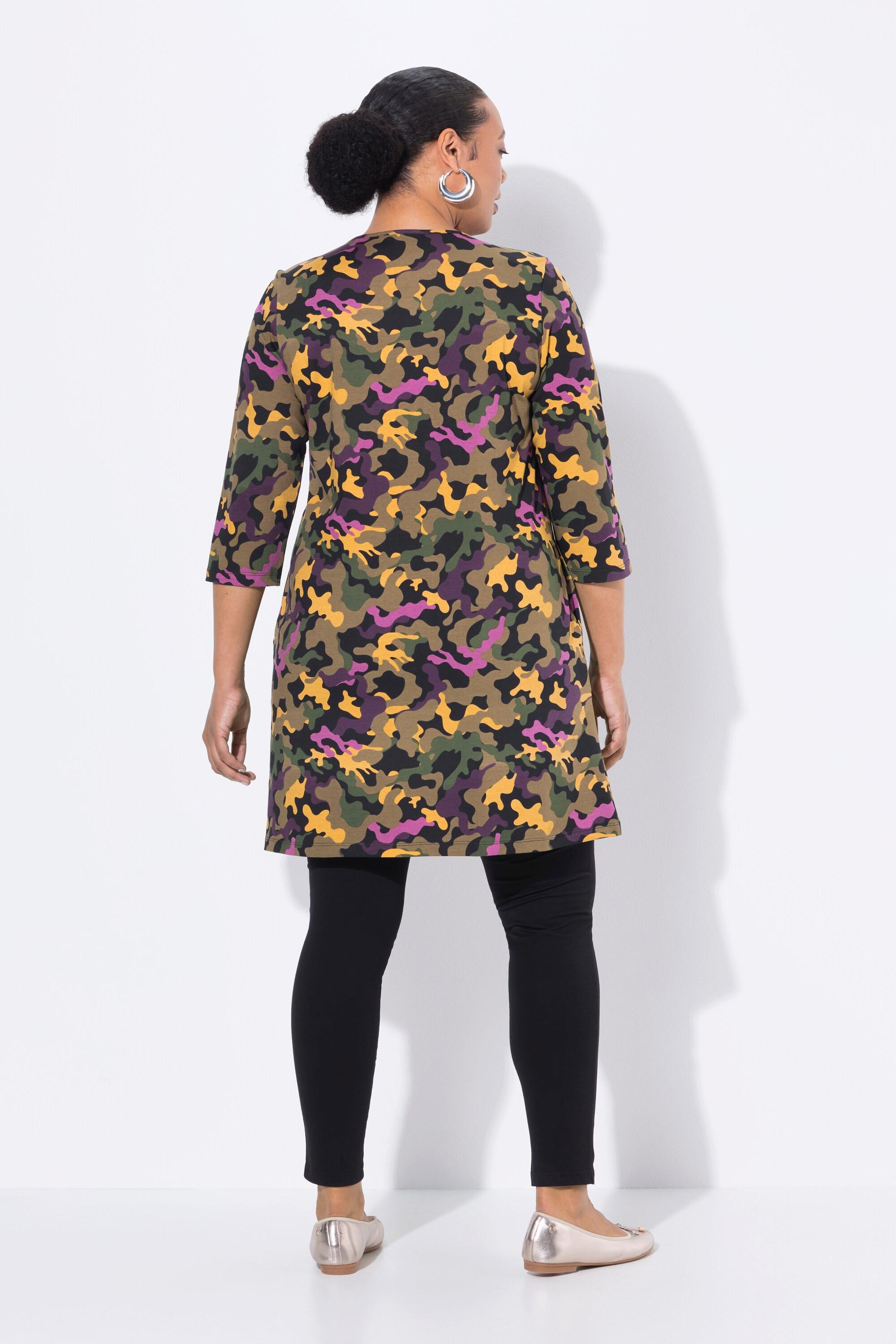 Ulla Popken T-shirt long A-Line Col V Manches 3/4 avec Fermeture Éclair  