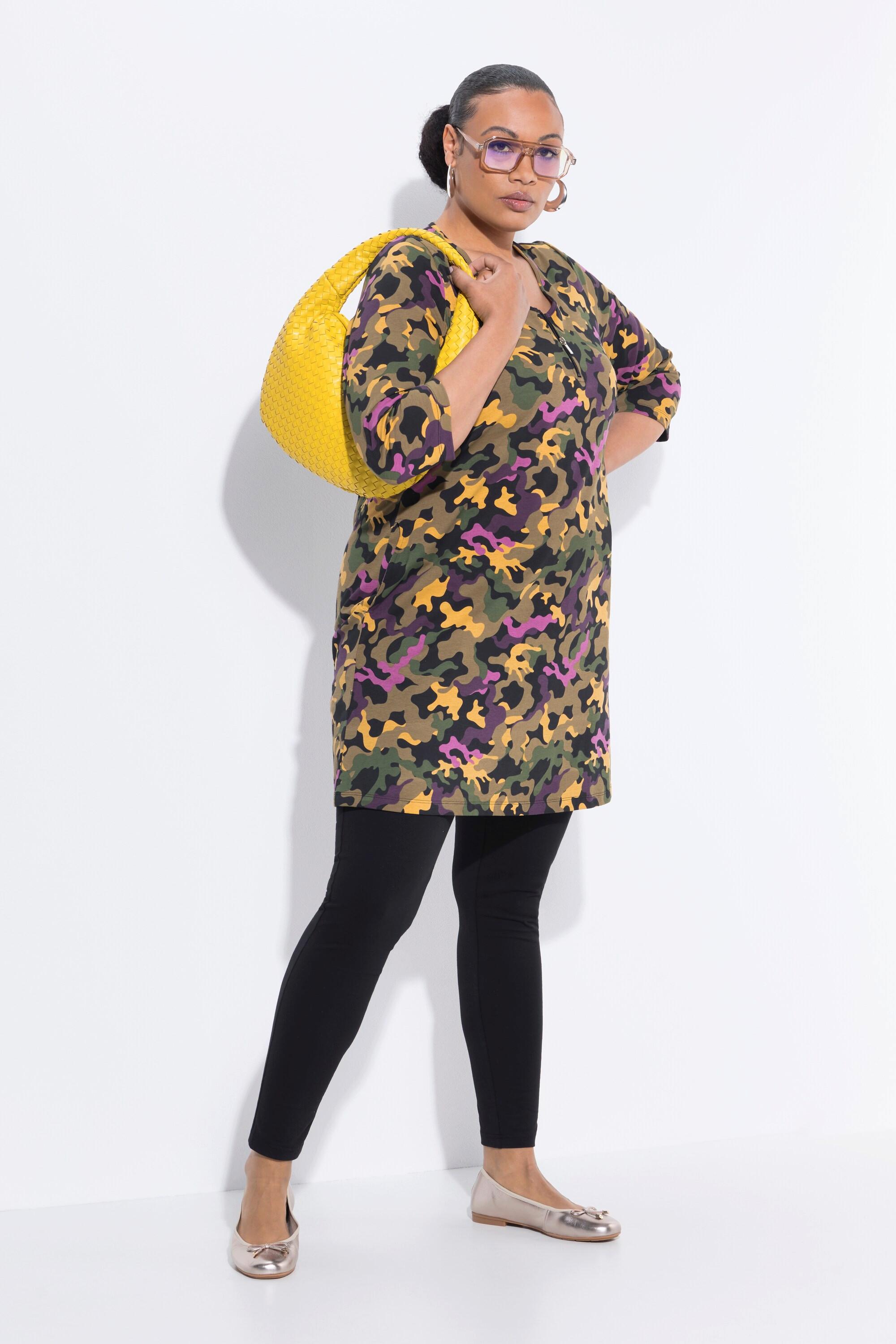 Ulla Popken T-shirt long A-Line Col V Manches 3/4 avec Fermeture Éclair  