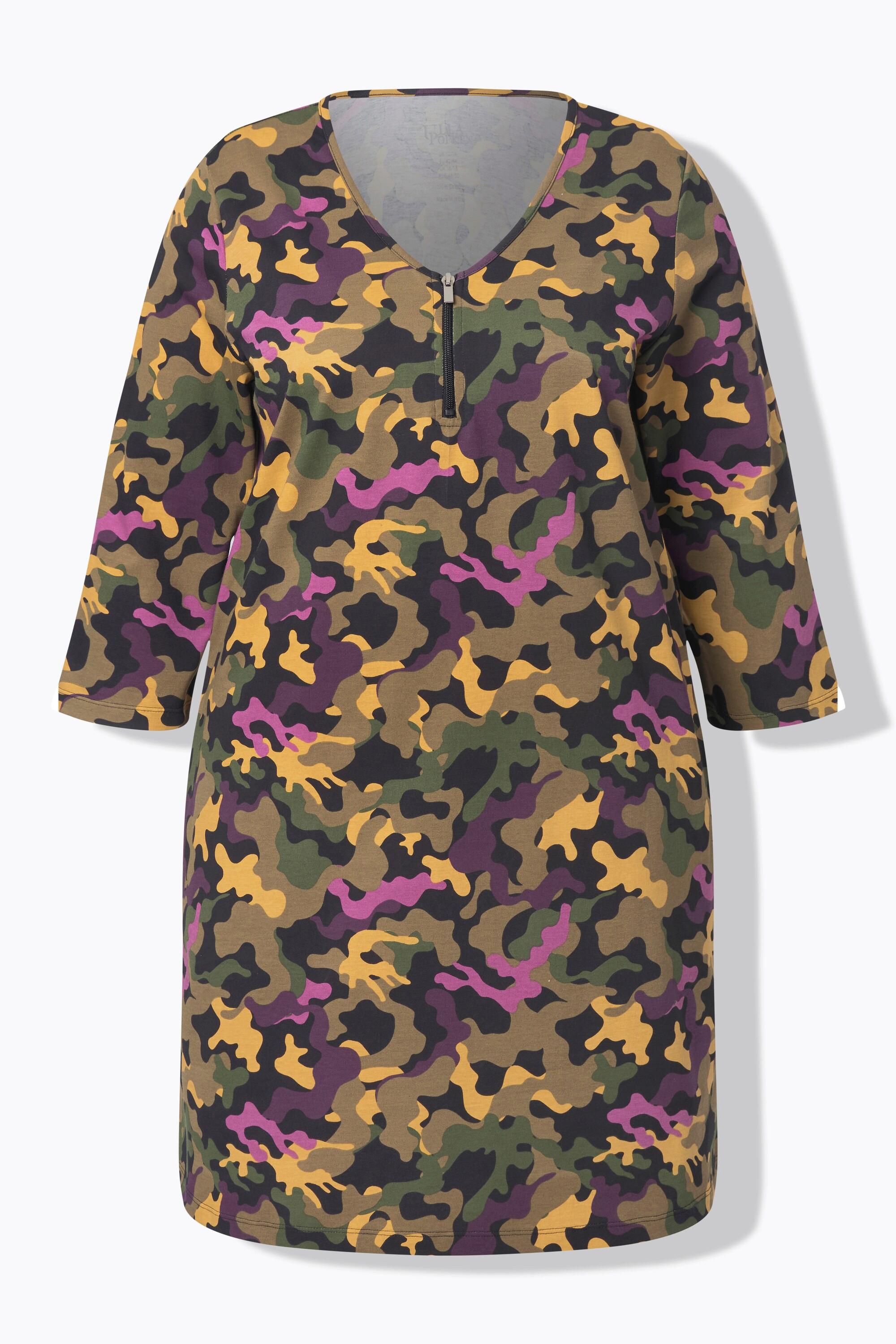 Ulla Popken T-shirt long A-Line Col V Manches 3/4 avec Fermeture Éclair  