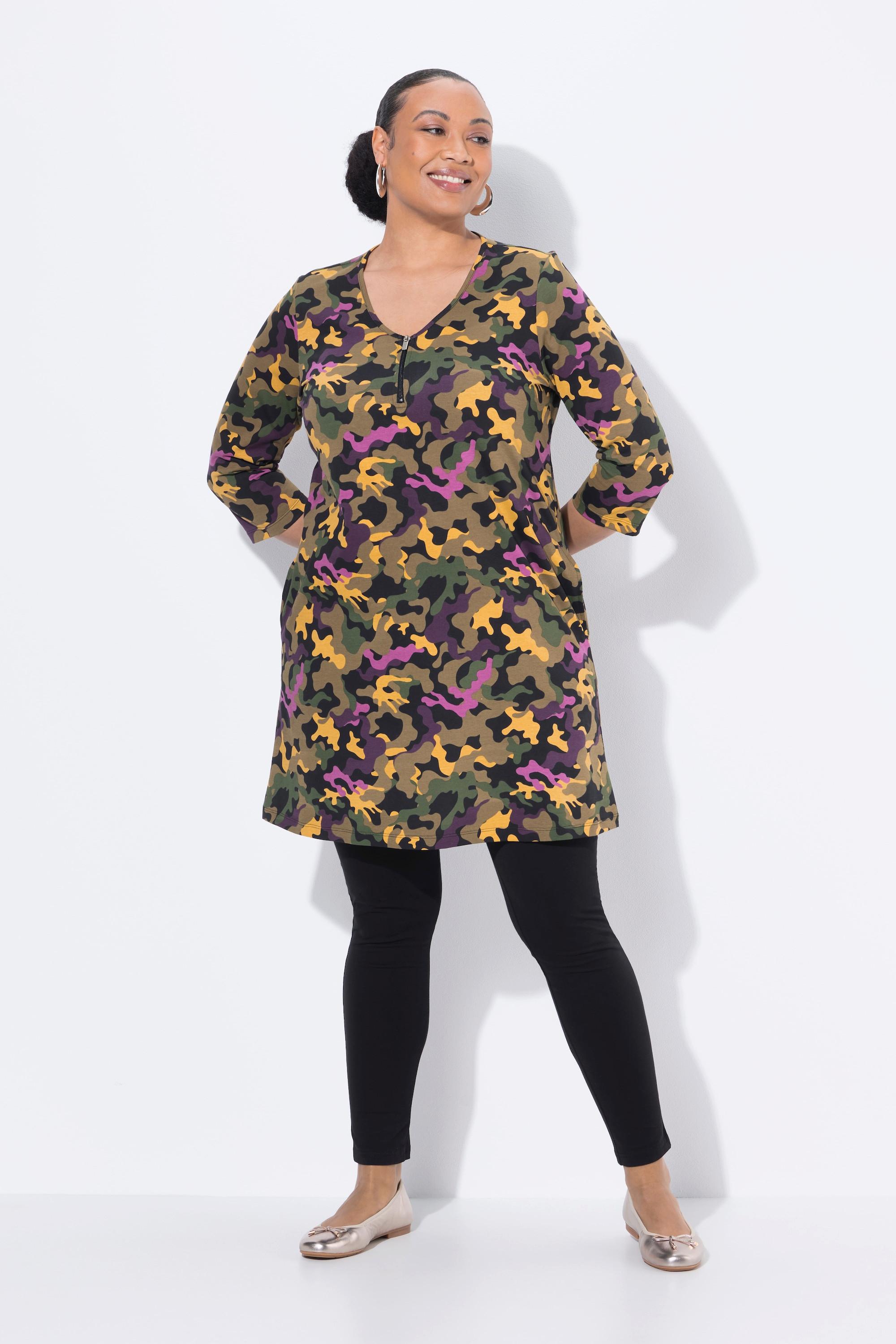 Ulla Popken T-shirt long A-Line Col V Manches 3/4 avec Fermeture Éclair  