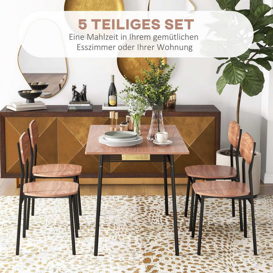 Northio Set Mit Esstisch Und 4 Stühlen, Küchentisch Mit Ablage, Teak, Stahl, Esszimmermöbel  