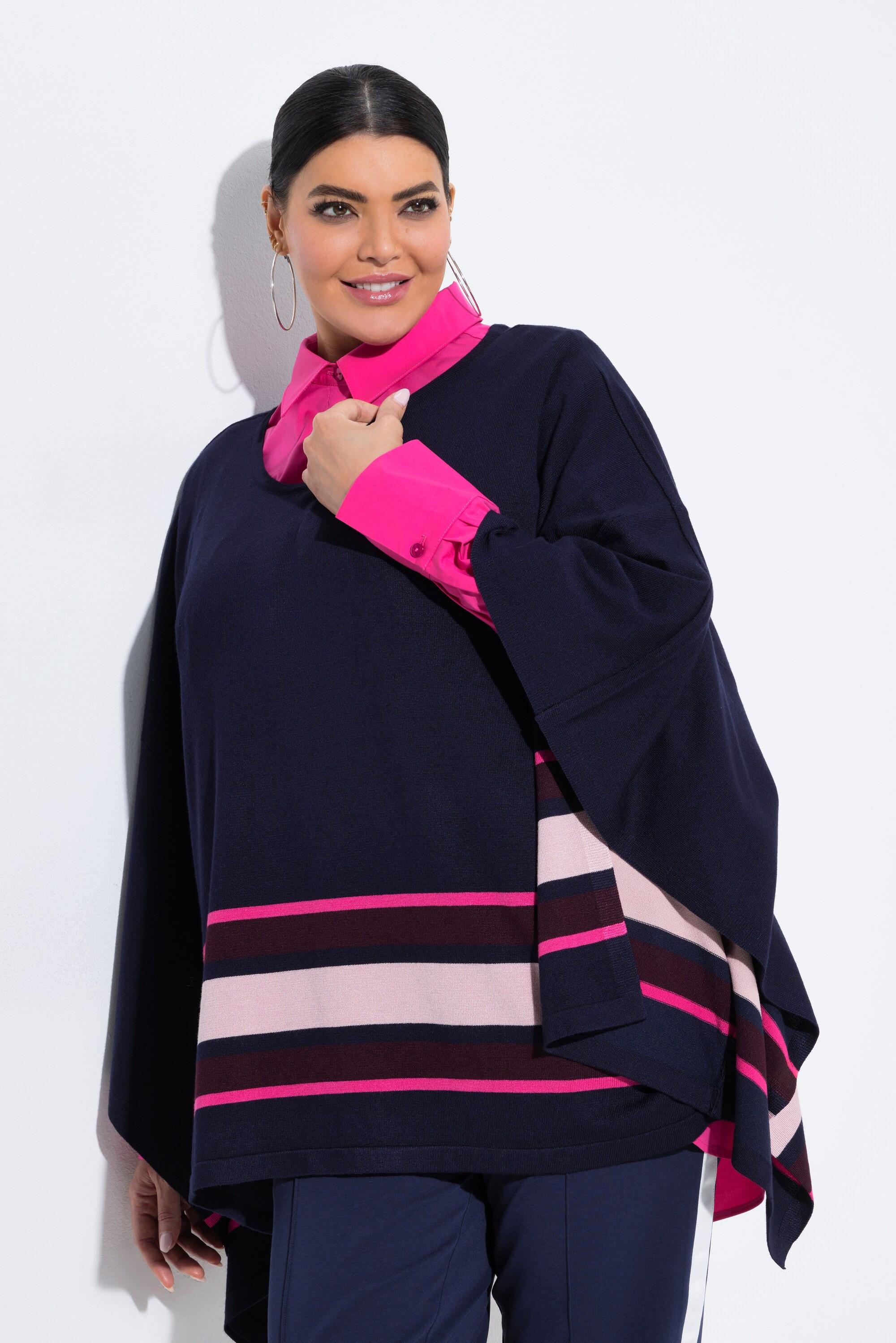 Ulla Popken Strick Cape Streifen Oversized Rundhals Langarm  