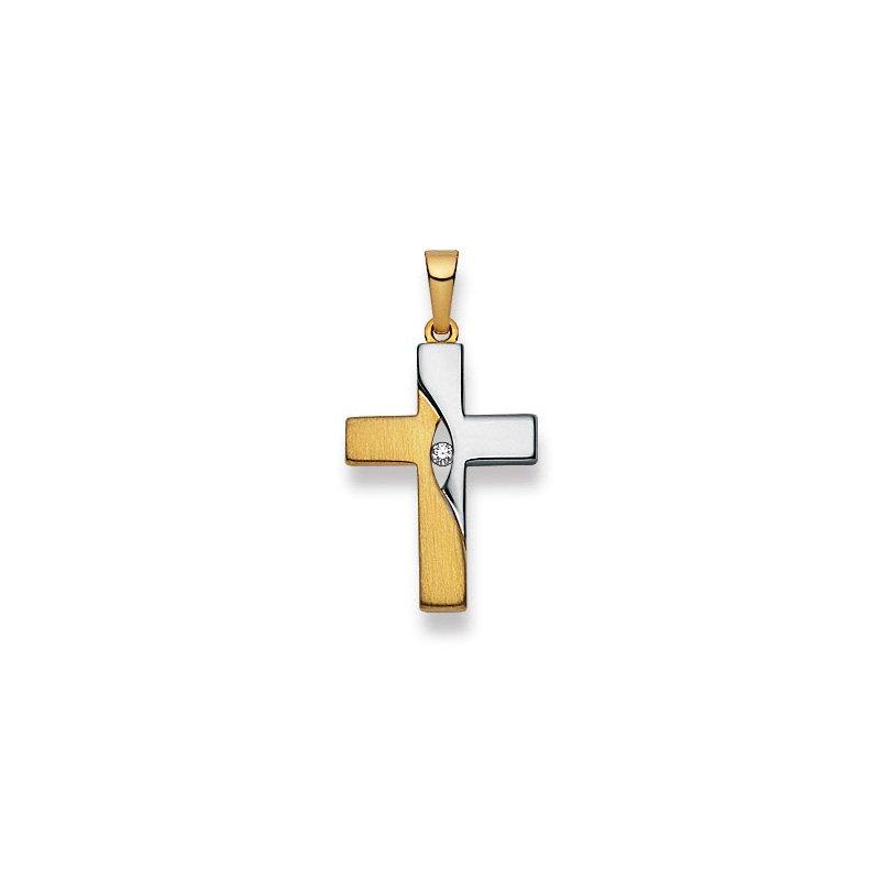 MUAU Schmuck  Pendentif croix bicolore or jaune/blanc 750 diamant 0.03ct. 28x15mm 