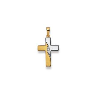 MUAU Schmuck  Pendentif croix bicolore or jaune/blanc 750 diamant 0.03ct. 28x15mm 