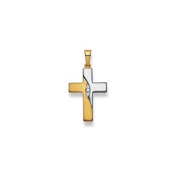 Pendentif croix bicolore or jaune/blanc 750 diamant 0.03ct. 28x15mm