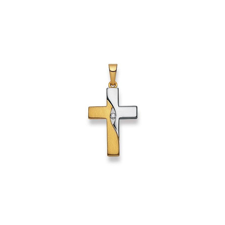 Anhänger Kreuz Bicolor Gelb-/Weissgold 750 Diamant 0.03ct. 28x15mm