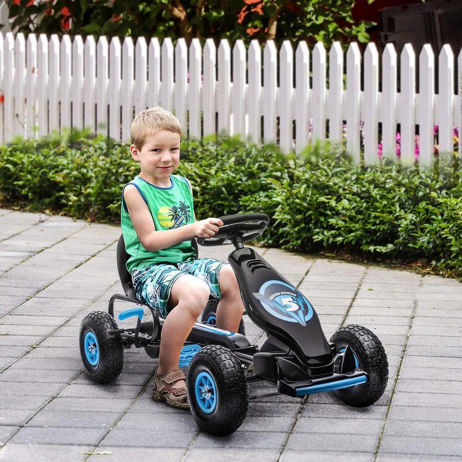Northio  Gokart Kinderfahrzeug mit verstellbarem Sitz, Gummireifen, Pedal & Handbremse, ab 5 Jahren, Blau+Schwarz 
