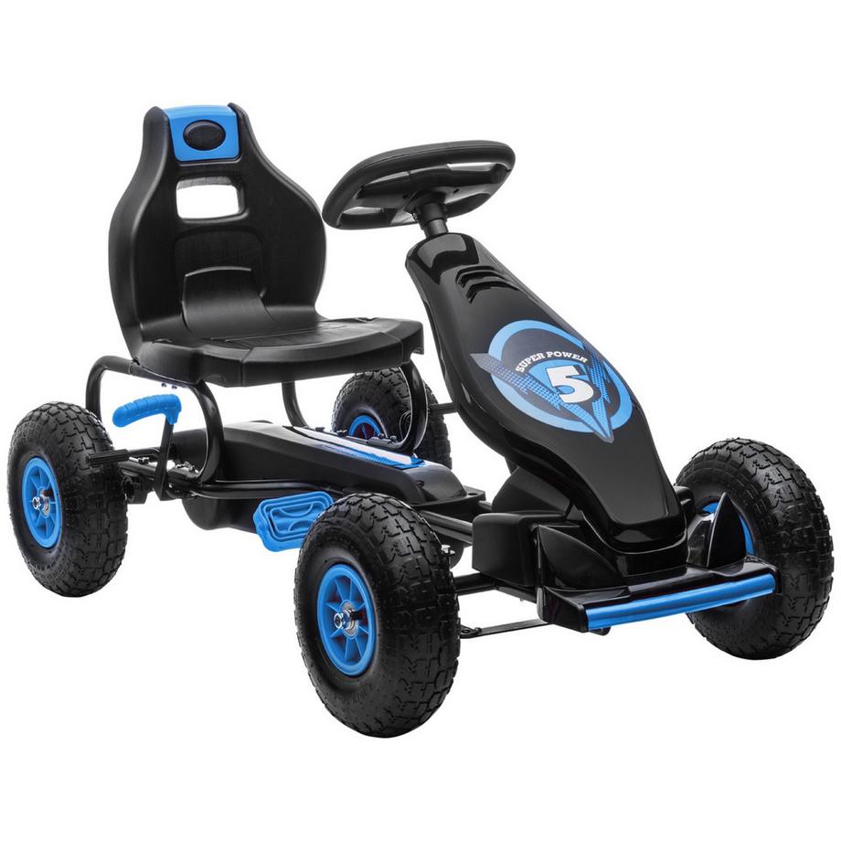 Northio  Gokart Kinderfahrzeug mit verstellbarem Sitz, Gummireifen, Pedal & Handbremse, ab 5 Jahren, Blau+Schwarz 