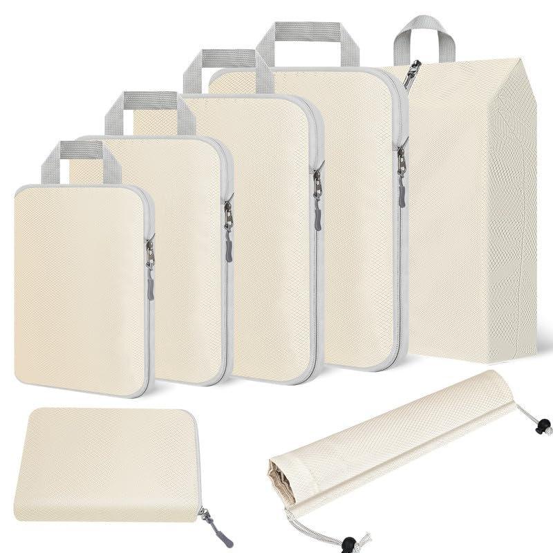 Only-bags.store  Kompressionspackwürfel, 7er Set Kofferorganizer für Reiseutensilien, erweiterbares Reiseorganizer-Set, leichte Packtaschen für Rucksack, Packwürfel, Beige 