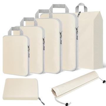 Kompressionspackwürfel, 7er Set Kofferorganizer für Reiseutensilien, erweiterbares Reiseorganizer-Set, leichte Packtaschen für Rucksack, Packwürfel, Beige