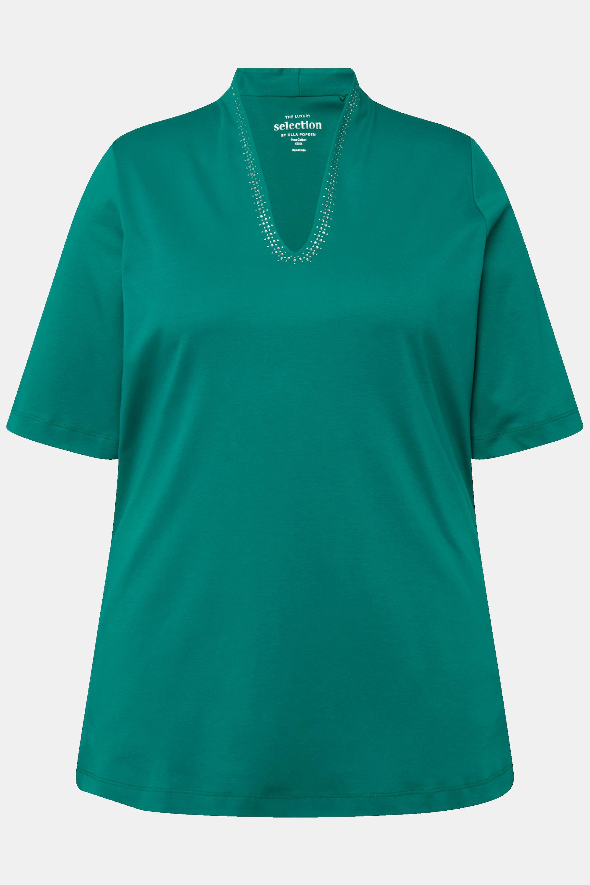 Ulla Popken  T-shirt dal taglio svasato in cotone Pima con scollo montante e mezze maniche 