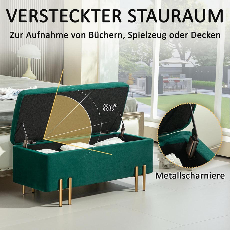 Northio Sitzbank, Polsterbank mit Stauraum, Truhenbank, Stoff, Metall, Gummiholz, Schaumstoff, Grün, 100 x 40 x 42 cm  