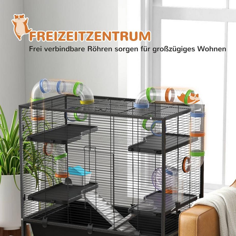 Northio  Hamsterkäfig Nagerkäfig mit Rädern, Röhren, Ablagefläche, Rampen, Laufrad, Futternapf, Wasserflasche, Meerschweinchen Käfig für Rennmäuse, syrische Hamster, Schwarz 
