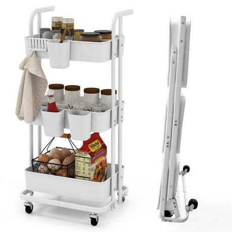 Northix Chariot de service mobile pliable à 3 niveaux sur roulettes, chariot de cuisine en métal avec poignée, blanc  