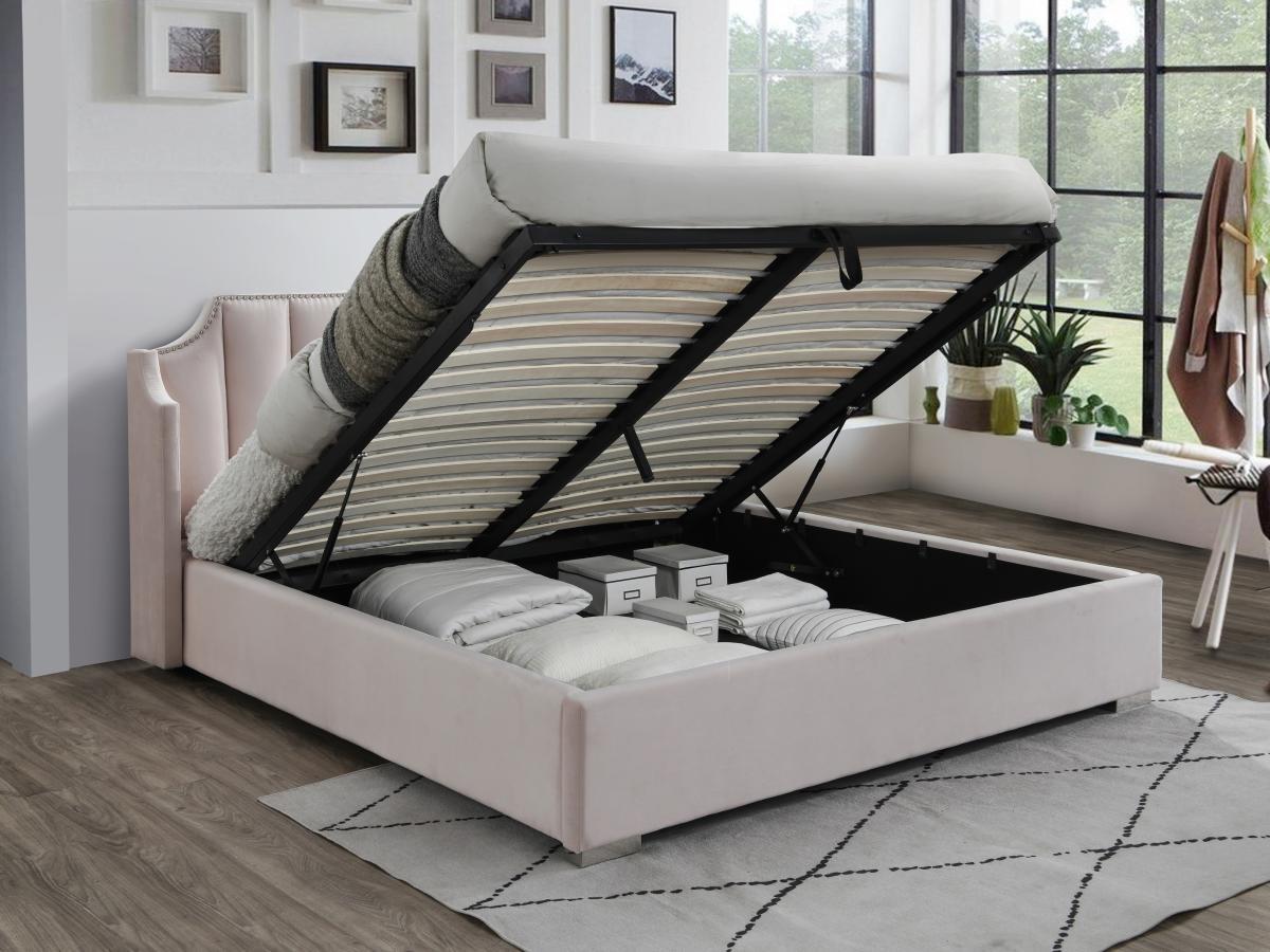 Vente-unique Bett mit Bettkasten & geschwungenem Kopfteil - 140 x 190 cm - Samt - Rosa - TEOMIS  