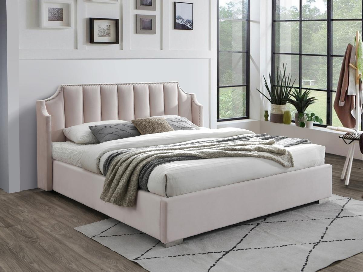 Vente-unique Lit coffre 140 x 190 cm avec tête de lit incurvée - Velours - Rose - TEOMIS  