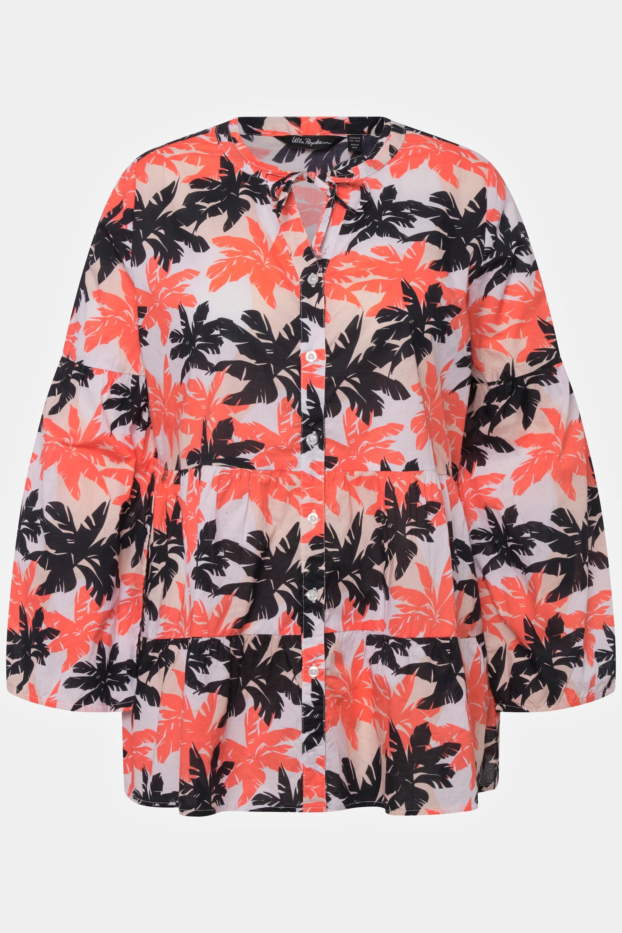 Ulla Popken Tunique Palmiers Ligne A Volants Col Rond Manches Longues  