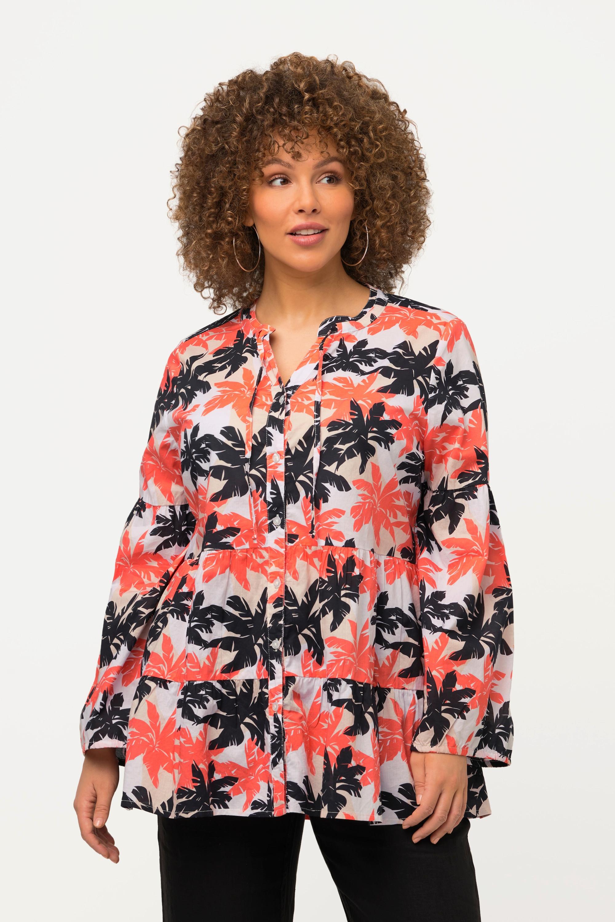 Ulla Popken Tunique Palmiers Ligne A Volants Col Rond Manches Longues  