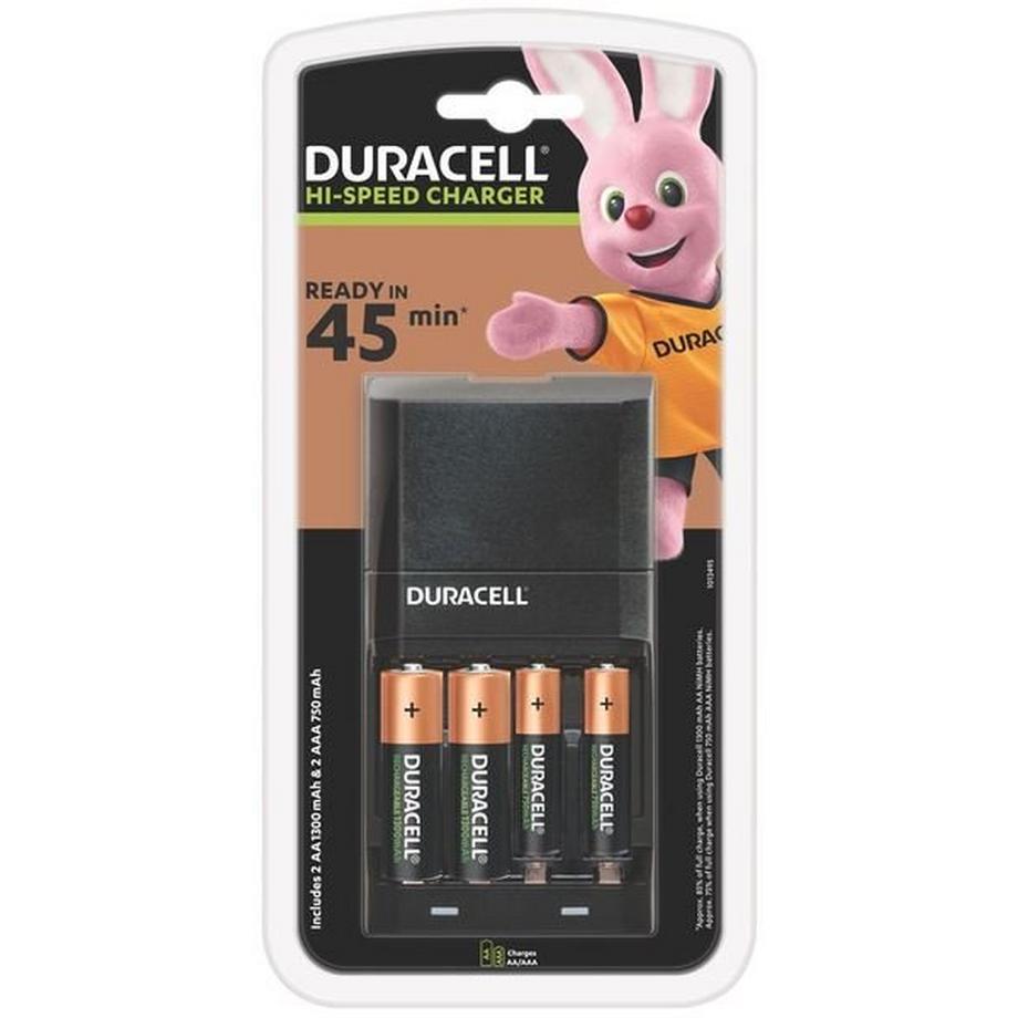 Chargeur de piles Duracell CEF27 Noir + 2 piles AA 1300 mAh et 2 piles AAA 750 mAh
