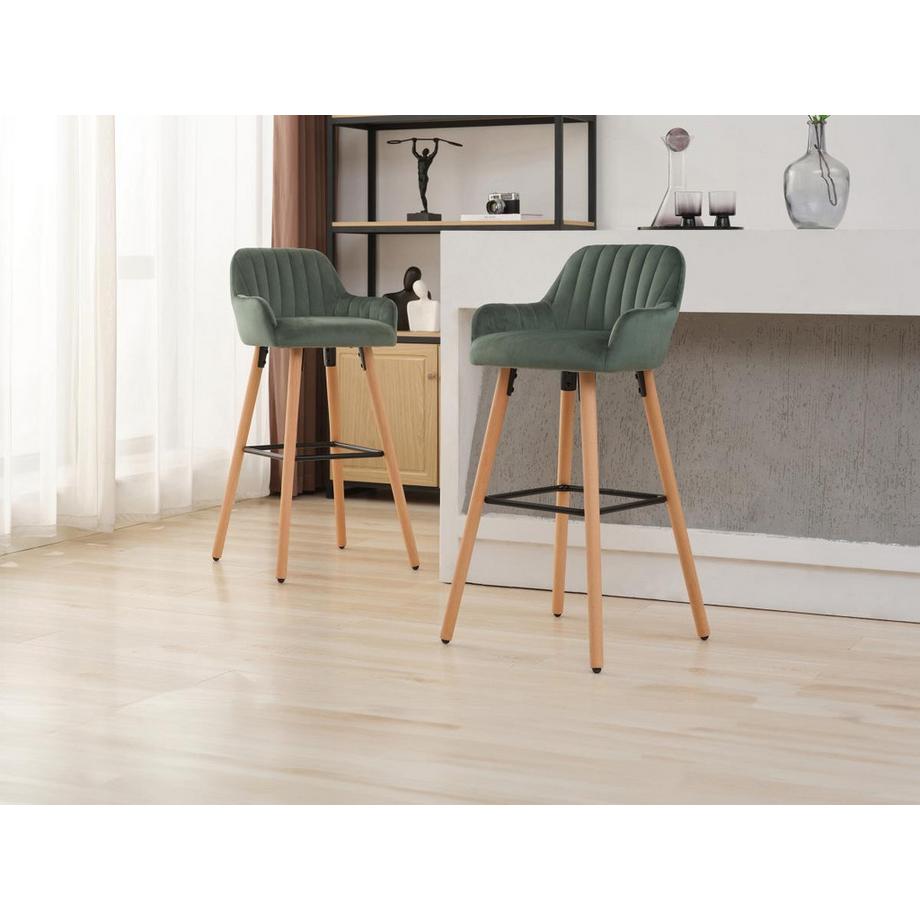 Vente-unique Barhocker 2er-Set - Samt & Metall in Holzoptik - Dunkelgrün - ELEANA  