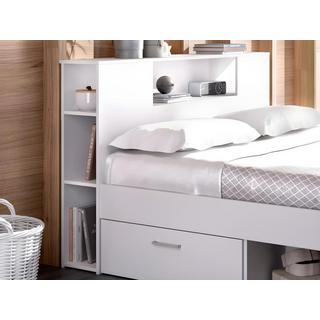 Vente-unique Lit avec tête de lit rangements et tiroirs - 160 x 200 cm - Coloris : Blanc + Sommier + Matelas - LEANDRE  