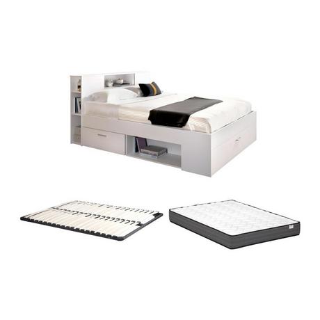 Vente-unique Lit avec tête de lit rangements et tiroirs - 160 x 200 cm - Coloris : Blanc + Sommier + Matelas - LEANDRE  