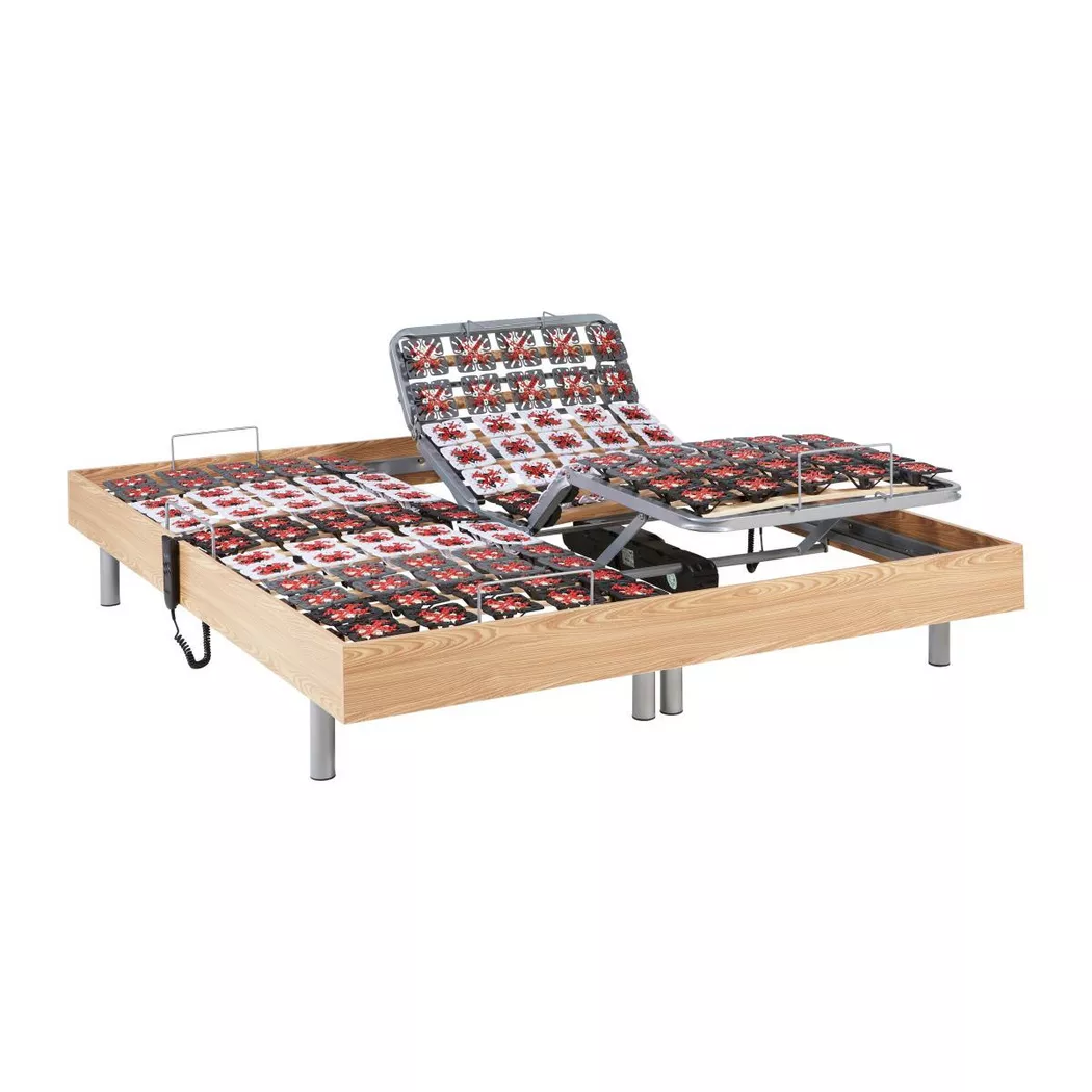 DREAMEA - Sommier électrique de relaxation 2x plots déco bois chêne naturel de moteurs OKIN, 80X200CM, Beige