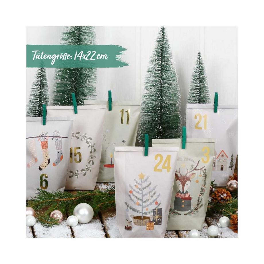 G. Wurm Adventskalender Tüten mit Klammern Weihnachtsmotiv (72Teile)  